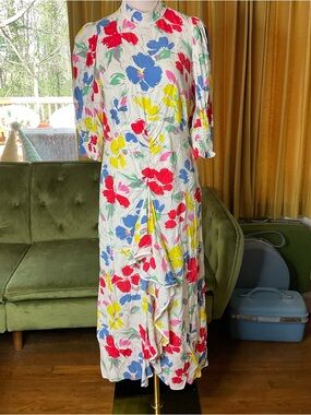 RIXO Colorful Floral Mock Neck Cascade Ruffle Dress 8